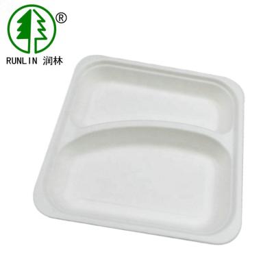 China 120 Deg Compostable Bagasse Disposable Cafeteria Food Trays 2 Compartment for sale