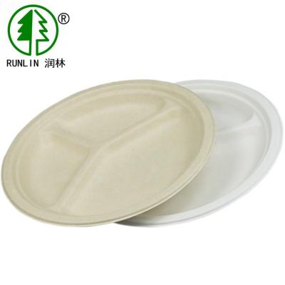 China Eco friendly customized size 3 compartments bagasse round plates for sale
