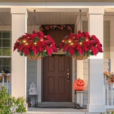 China Pre Lit Fake Poinsettia Hanging Basket With LED Lights OEM for sale