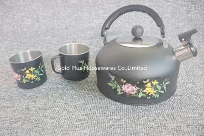 China Luxury flower pattern kettle teapot with two cups stainless steel water coffee kettle with whistle for commercial use for sale