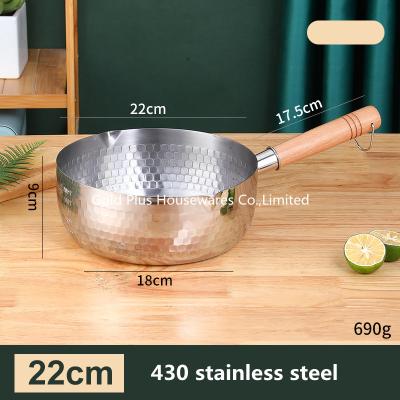 China 22cm Cooking ware milk pot triple layers stainless steel milk pitcher wooden long straight handle soup pot for sale