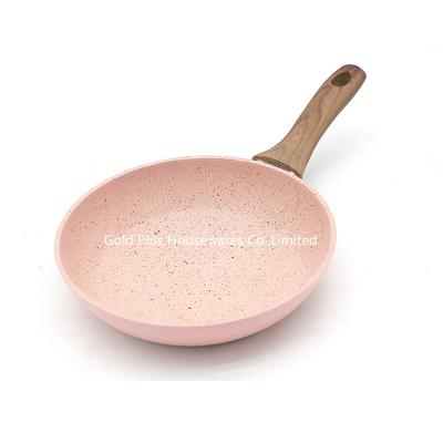 China Colorful kitcheware frying pan with soft touch wooden painting handle hot selling non stick forged frying pan for sale