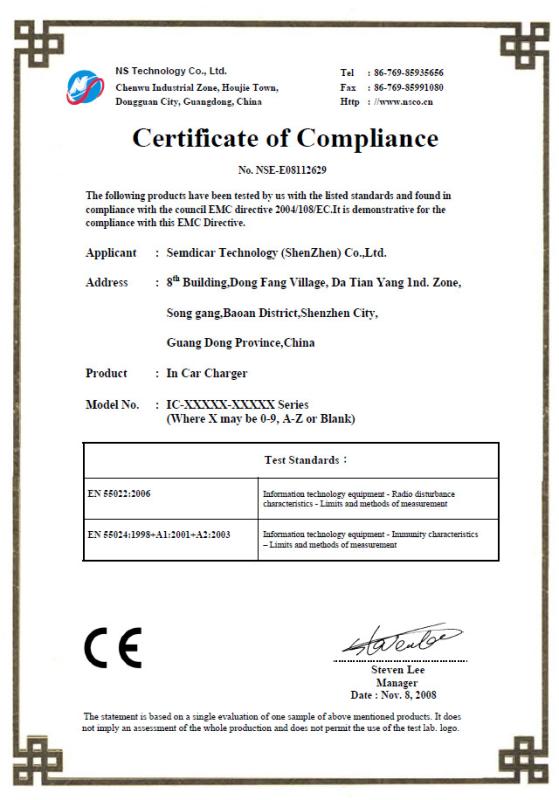 CE Certification For Car Charger - UNITECH ELECTRONICS (H.K.) CO.,LIMITED