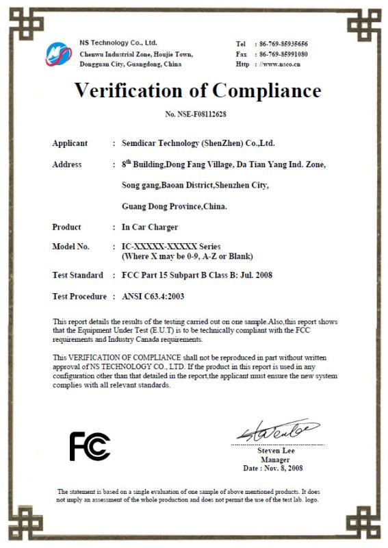 FC  Certification For Car Charger - UNITECH ELECTRONICS (H.K.) CO.,LIMITED