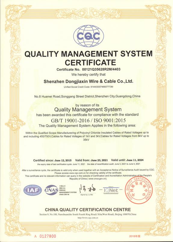 Quality management systems - SHENZHEN DONGJIAXIN WIRE&CABLE CO.,LTD