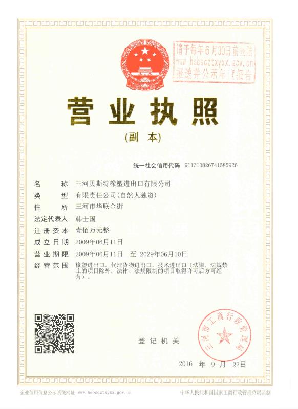 Company Certificate - SANHE 3A RUBBER & PLASTIC CO., LTD.
