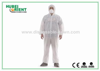 China White Disposable Protective Coveralls With Hood And Feetcover By SMS PE Polypropylene For Clean Environment for sale