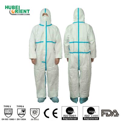 China Category III Type4/5/6 Disposable MP Waterproof Coverall With 2-Pieces Hood And Blue Tape for sale