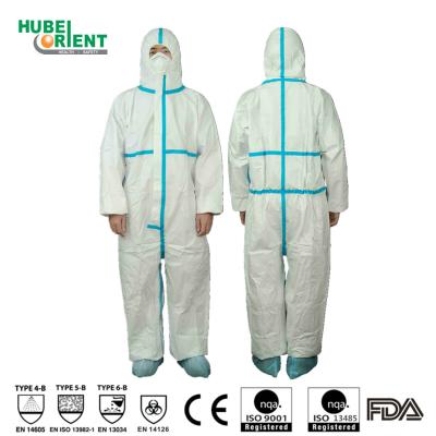 China Type4B/5B/6B Blue Tape MP Disposable Protective Coverall With Hood EN14126 Anti-static Chemical Coverall for sale