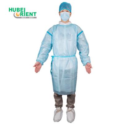 China Blue/White Waterproof Disposable PP PE Medical Isolation Gown With Blue Tape for sale