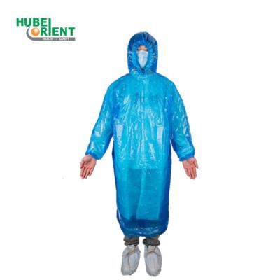 China Blue/White Elastic Cuffs Hooded PE Plastic Disposable Raincoat Waterproof for sale