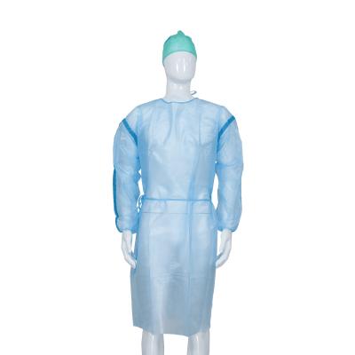 China Elastic Or Knitted Wrist SMS/PP+PE Disposable Medical Isolation Gown with blue tape for sale
