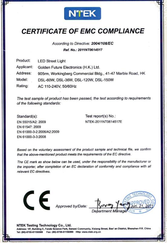 CE Certificate for DSL Street Light - Golden Future Enterprise HK Ltd