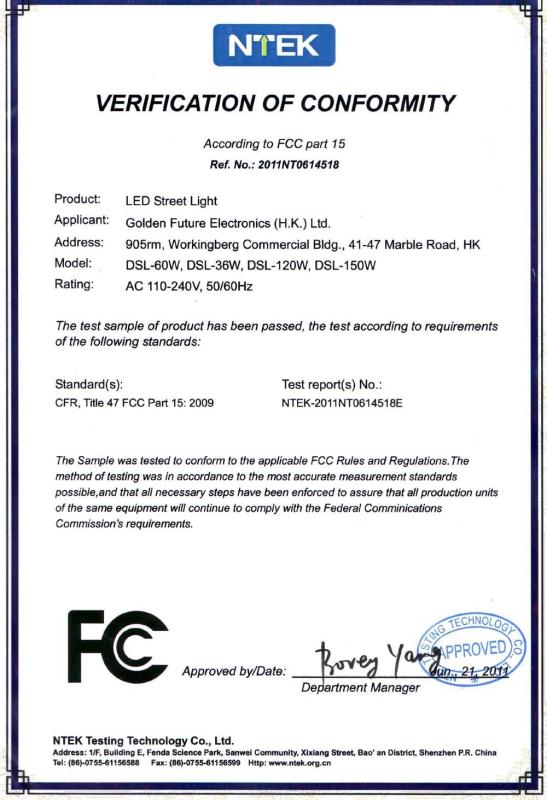 FCC Certificate for DSL Street Light - Golden Future Enterprise HK Ltd