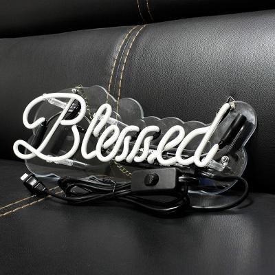 China Blessed Neon Sign 15 x 4 Inch Handmade Glass 3D Visual Effect White Neon Light Plug-in Novelty Night Light Hanging Decor for sale