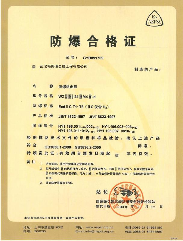 CERTIFICATE OF EXPLOSION PROTECTION - Wuhan Global Metal Engineering Co., Ltd