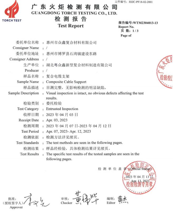 Product Quality Test Report - Hubei Yue Zhong Xin Fibreglass Manufacturing Co., Ltd.