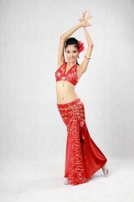 China 2pcs Halter Neck Red Metallic Belly Dance Performance Wear Bras & Skirt Belly Dance Clothes for sale
