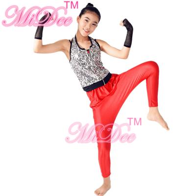 China Sporty Hip Hop Dance Apparel Sleeveless Sequin Bodice Red Leotard With Fingerless Gloves for sale