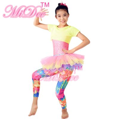China Amiable Dance Competition Costumes Yellow Pink T shirt Skirt Tiers Slender Leotard for sale