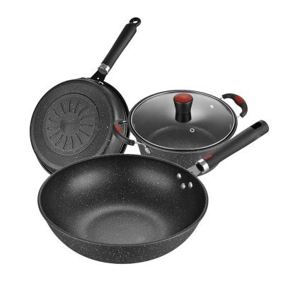 China Multi Function Black Flat Bottom 3PCS Frying Non Stick  Kitchen Cookware Sets for sale