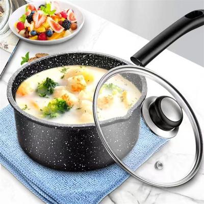 China Wholesale 16cm Non Stick Granite Maifan Stone Classic Kitchen Soup Pot Black Milk Pot Sauce Pan With Glass Lid for sale
