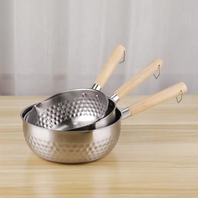 China Non Stick Japanese Sauce Pan Stainless Steel Restaurants Soup Cooking Pot With Wooden Handle for sale