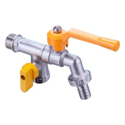 China Three Way Brass Bibcock Valve With 2 Detachable Nozzle Yellow Aluminum Handle for sale