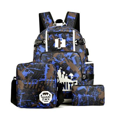China With USB Wholesale Custom Backpack Fortnit Three Piece Design New Schoolbags Shape Computer Backpack Travel Colorful Luminous Backpack for sale