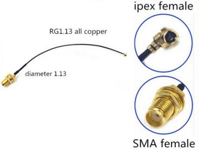 Chine U.FL ou I-PEX MHF au câble femelle de l'ohm RF1.13 du câble équipé de SMA rf 50 à vendre