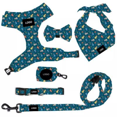 China Nylon Pet Harness Leash Collar Set Six Piece Exquisite Sets With Chest Strap Bow Square Scarf Suits for sale