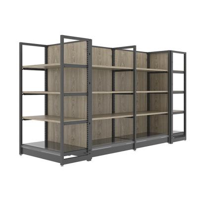 China Customized Supermarket Display Shelving Durable Steel And Wood Store Display Shelf for sale