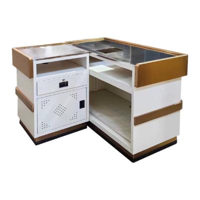 China Stainless Steel Supermarket Checkout Counter High Durability Cold Rolled Steel Cabinet for sale