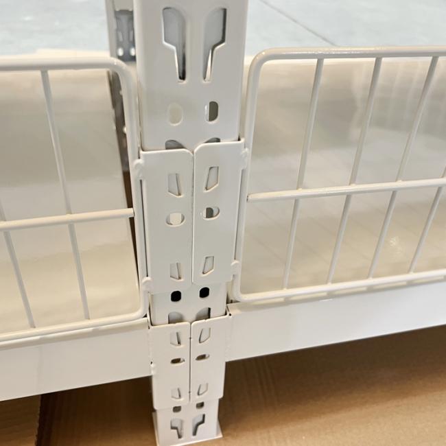 Close-up view of warehouse rack connection mechanism