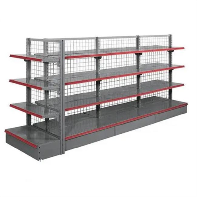 Double-sided wire display shelving unit in retail setting