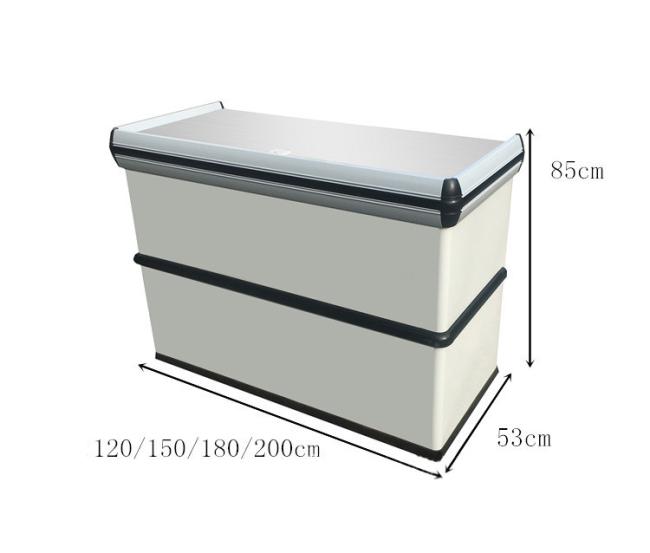 Supermarket checkout counter front view showing stainless steel surface and modern design