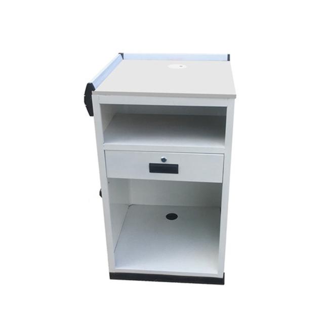 Supermarket checkout counter side view displaying storage space and adjustable height mechanism