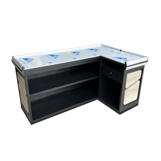 Stainless steel supermarket checkout counter front view