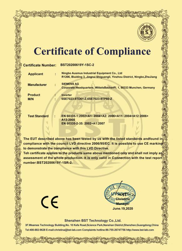 GE certificate - Ningbo Ausmus Industrial Equipment Co., Ltd