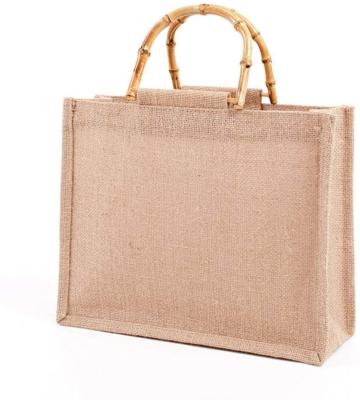 China Portable Burlap Jute Shopping Bag Bamboo Loop Handles Reusable Tote Grocery Bags for Women for sale