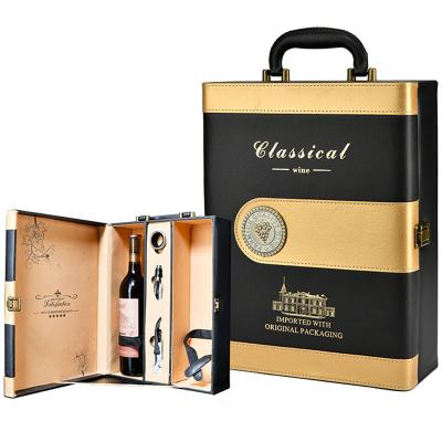 China Blank Black Gold Leather Sublimation 2 Bottle Wine Bottle Gift Box With Accessories for sale