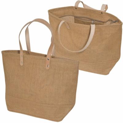 China Household Large Cotton Burlap Tote Bag With Leather Handle for sale