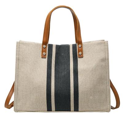 China Blank Leather Handle Custom Linen Cotton Canvas Tote Bag With Pocket for sale