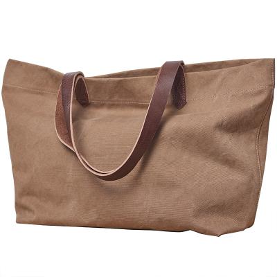 China Leather Shoulder Canvas Tote Bag Leather Handle Foldable Tote Bag for sale