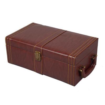China New Style Pu Wood Grain Portable Double Bottle Wine Box Business Gift for sale