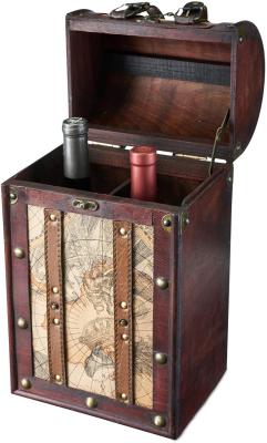 China 2 Bottle Faux Leather Antique Map Design Wooden Wine Box With Lid And Handle for sale