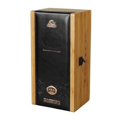 China Customized Wine Crafts Natural Bamboo Wood Wine Gift Box With PU Leather for sale