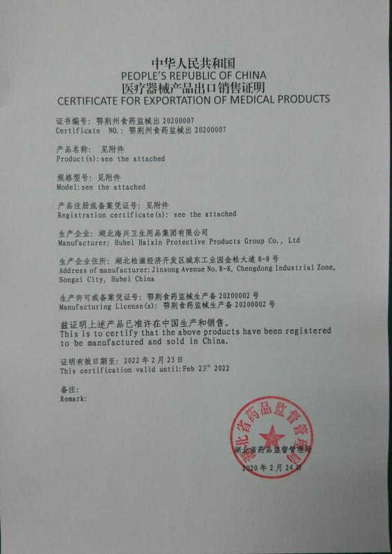 Certificate for Exportation of Medical Products - Hubei Haixin Protective Products Group Co., Ltd.