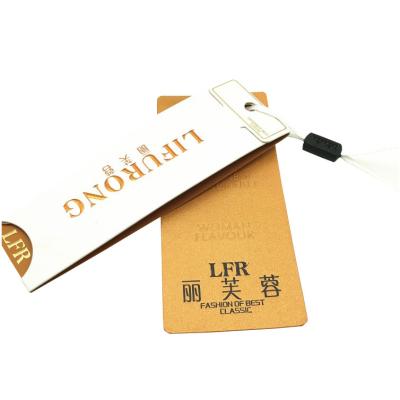 China Custom Luxury Clothing Paper Brand Swing Tags Emboss Gold Foil Stamping Logo for sale
