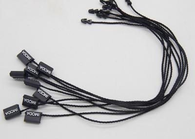 China Custom White Foil Logo Black Plastic Tags Small Plastic Hangtags Single End String for sale